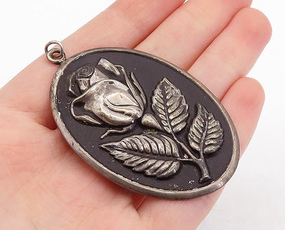 INTERNATIONAL 925 Sterling Silver Vintage Rose Flower Oval Pendant PT3890