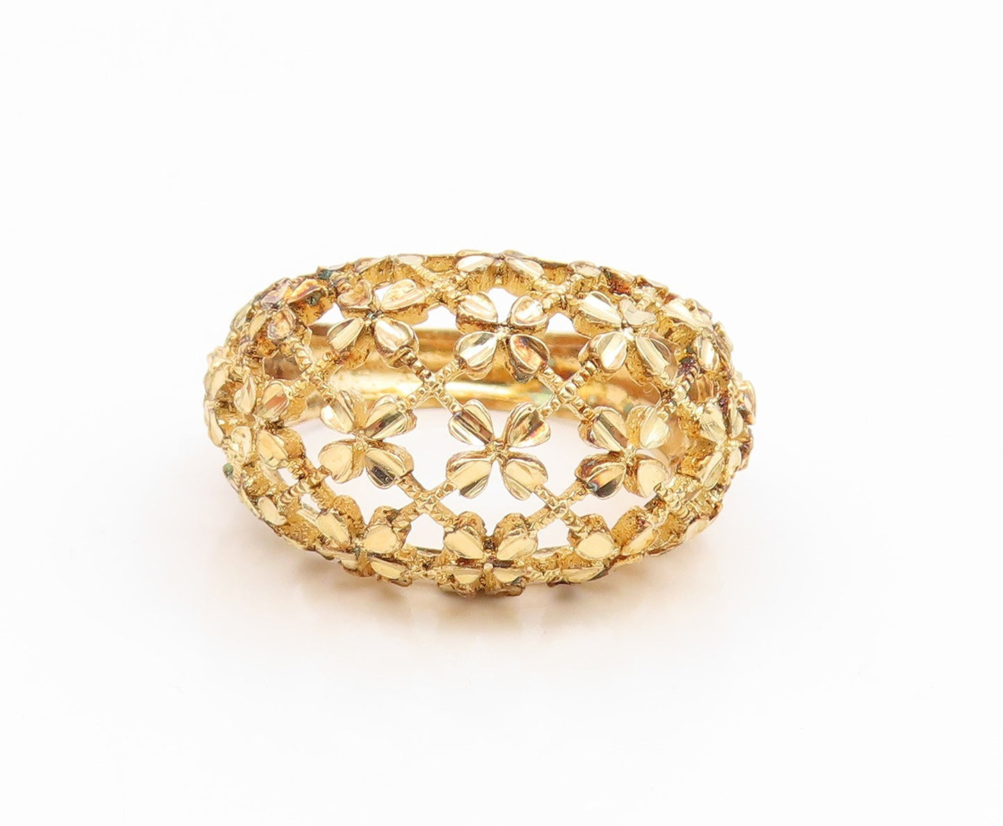 925 Sterling Silver Vintage Ring Gold Plated Openwork Floral Dome  Sz 8  RG35208