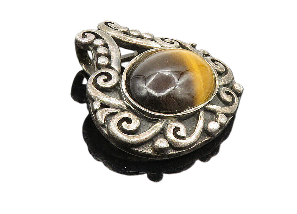 CFJ 925 Sterling Silver  Vintage Cabochon Cut Tiger's Eye Swirl Pendant PT7868