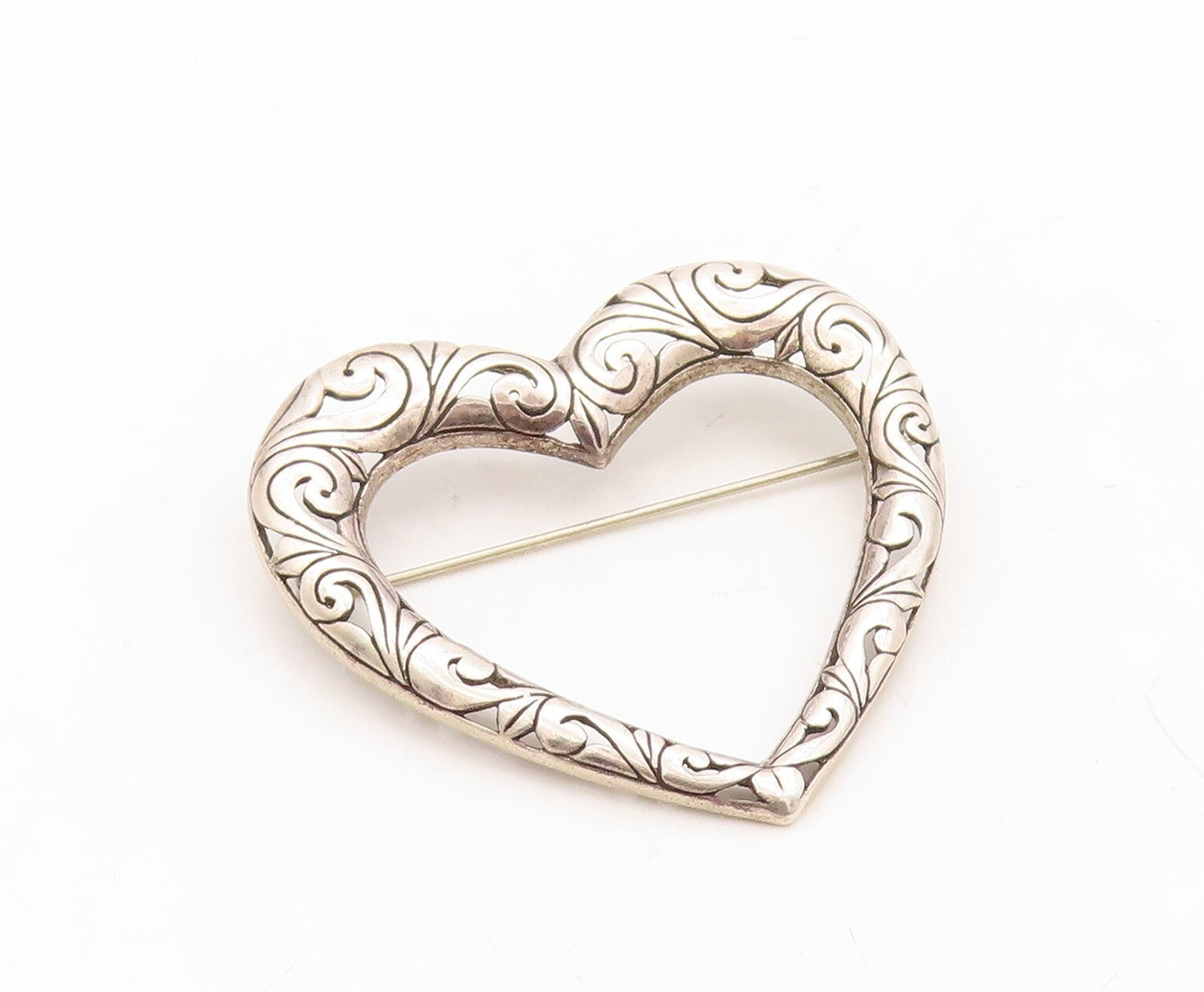 925 Sterling Silver Vintage Brooch Pin Designer Swirly Carved Heart  BP11289
