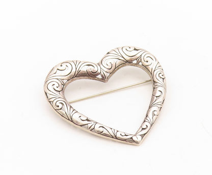 925 Sterling Silver Vintage Brooch Pin Designer Swirly Carved Heart  BP11289