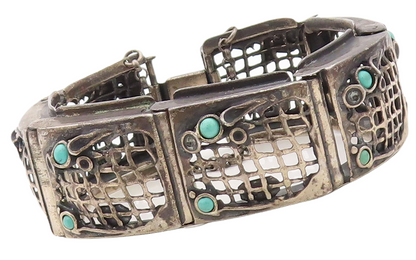 925 Sterling Silver Vintage Bracelet AMIR PORAN Net Cutout Turquoise  BT10831