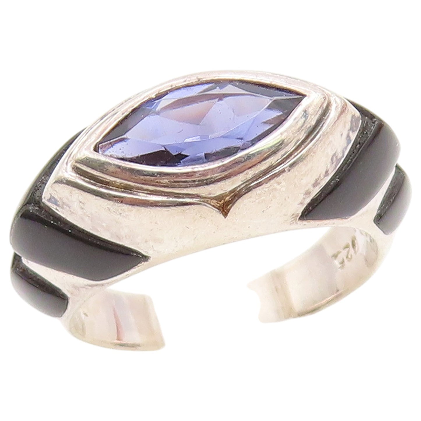 925 Sterling Silver Vintage Ring Marquise Cut Amethyst & Onyx Band Sz 5 RG36661