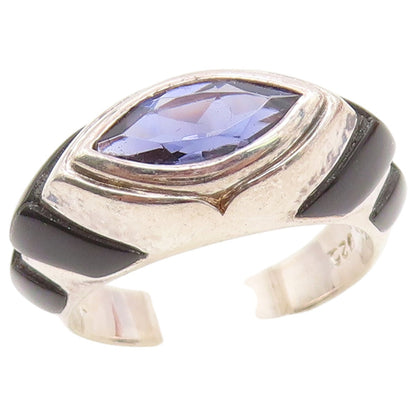 925 Sterling Silver Vintage Ring Marquise Cut Amethyst & Onyx Band Sz 5 RG36661