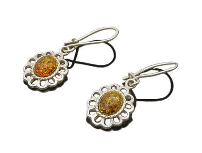 925 Sterling Silver  Cabochon Cut Amber Floral Motif Dangle Earrings  EG8407