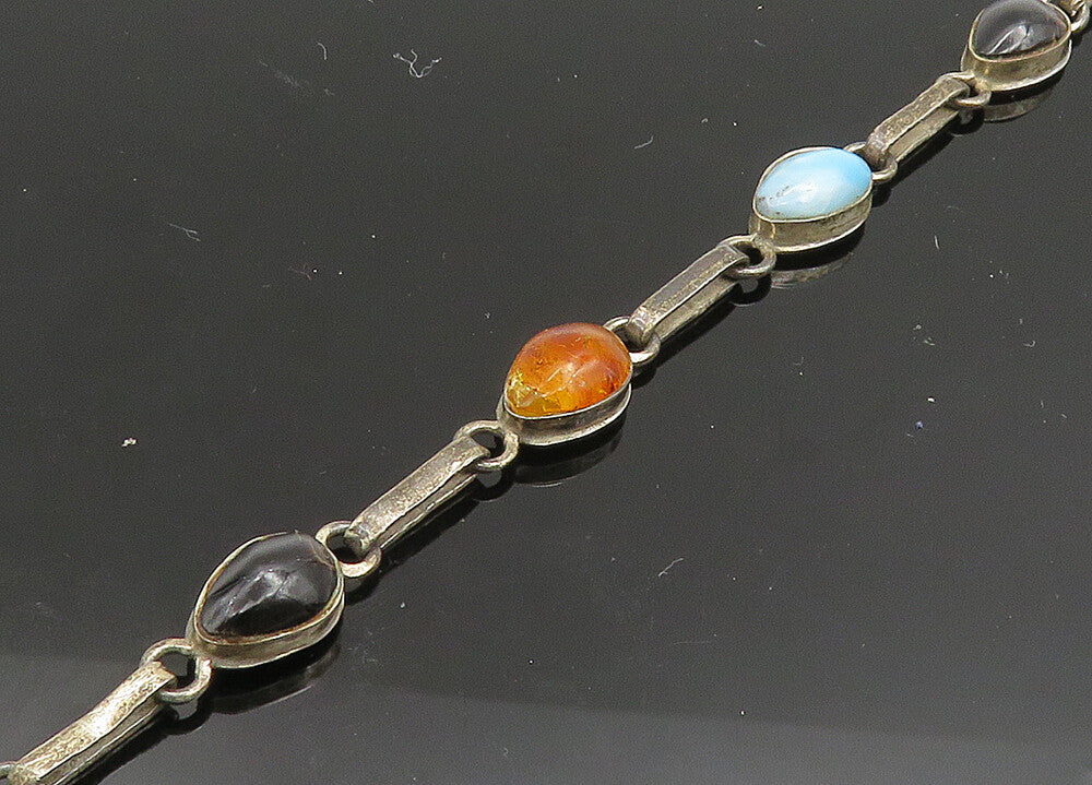 925 Sterling Silver  Vintage Larimar Black Onyx & Amber Chain Bracelet  BT8040