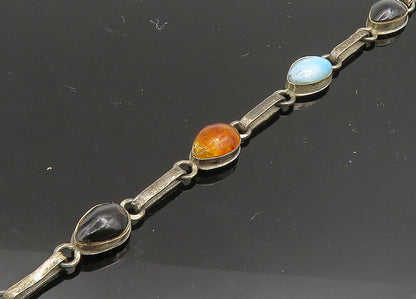 925 Sterling Silver  Vintage Larimar Black Onyx & Amber Chain Bracelet  BT8040
