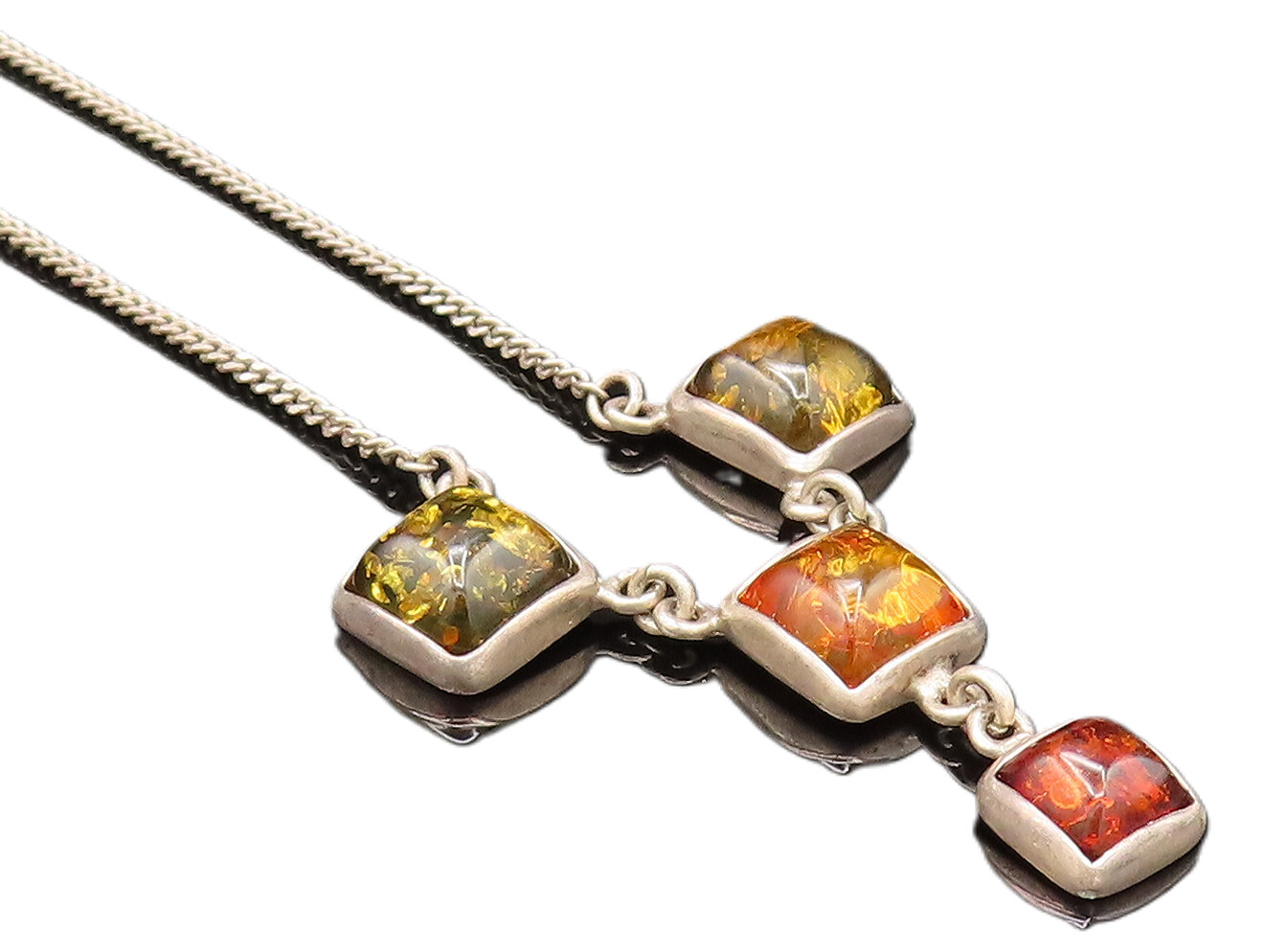 925 Sterling Silver  Vintage Cabochon Square Amber Y Drop Necklace  NE3953