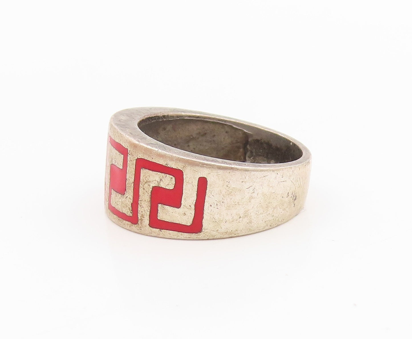 925 Sterling Silver Vintage Ring Enamel Greek Key Pattern Band  Sz 7  RG35413