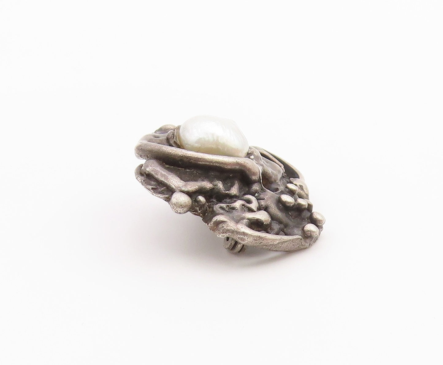 925 Sterling Silver  Vintage Shiny Pearl Brutalist Sculpted Brooch Pin  BP7831