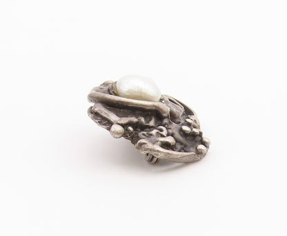 925 Sterling Silver  Vintage Shiny Pearl Brutalist Sculpted Brooch Pin  BP7831