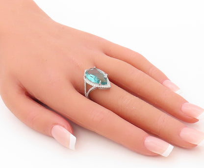 925 Sterling Silver Vintage Ring Drop Cut Sea Blue & White CZ  Sz 7  RG30649