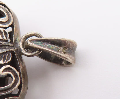 925 Sterling Silver Vintage Pendant Onyx Open Scrollwork Love Heart  PT26544