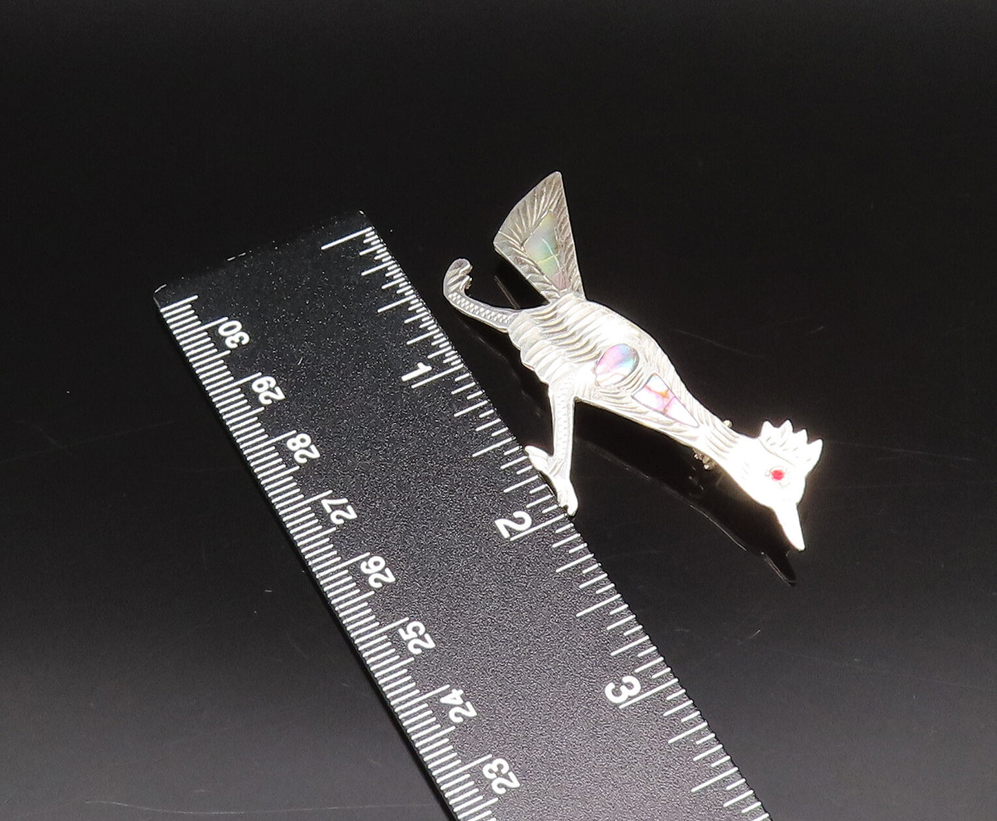 925 Silver  Vintage Etched Abalone Bird With Red Topaz Eye Brooch Pin  BP10062