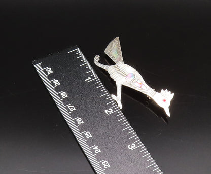 925 Silver  Vintage Etched Abalone Bird With Red Topaz Eye Brooch Pin  BP10062
