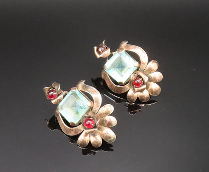 925 Sterling Silver  Vintage Garnet & Blue Topaz Non Pierced Earrings  EG11810