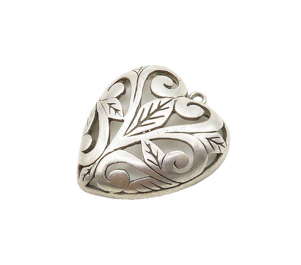 JEZLAINE 925 Silver  Vintage Floral Leaf Love Heart Dome Pendant  PT12584
