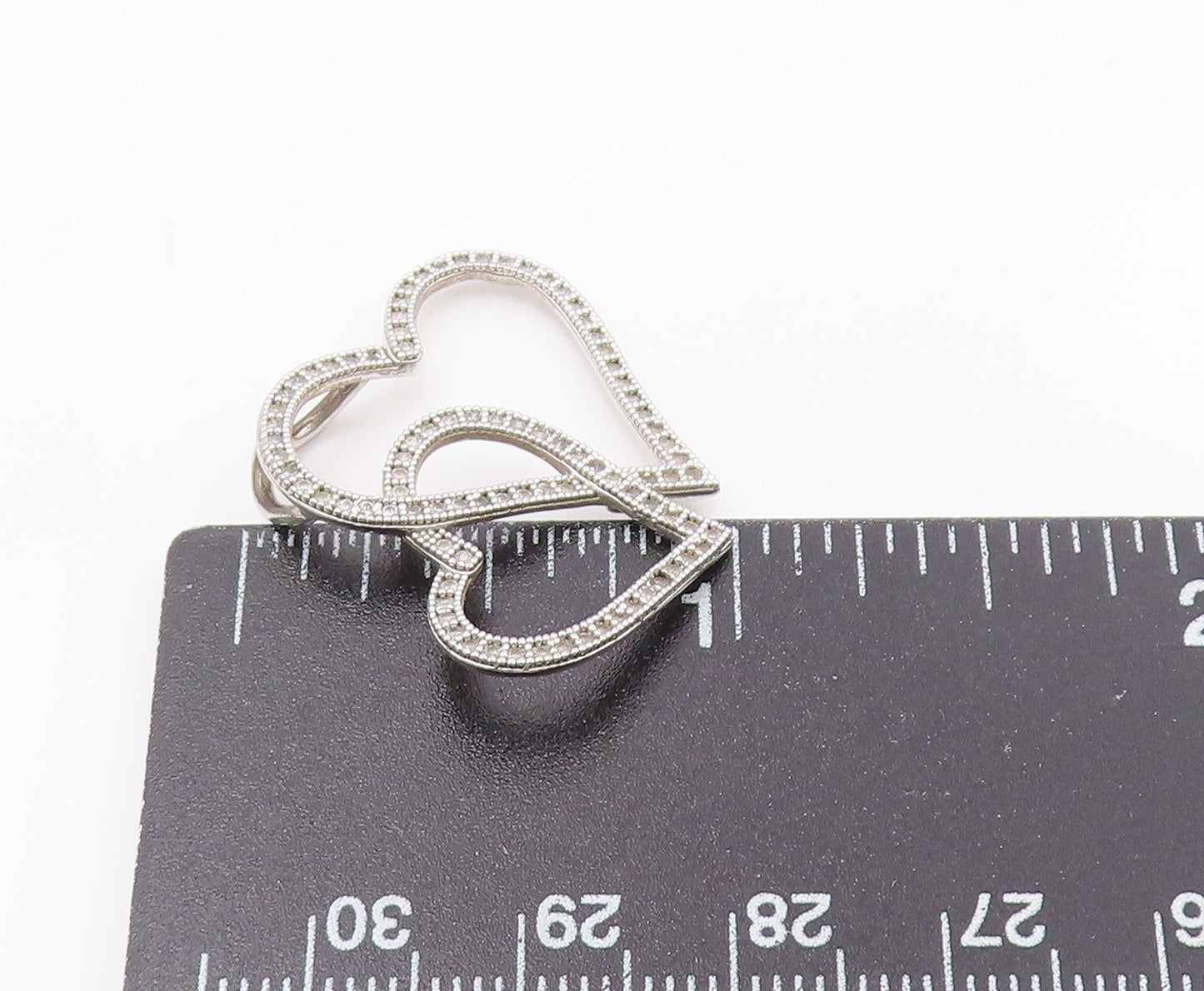 925 Sterling Silver  Shiny Genuine Diamonds Double Love Heart Pendant  PT8009
