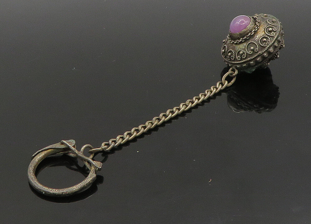 925 Sterling Silver  Vintage Lapis Lazuli & Amethyst Floral Key Chain  TR3202