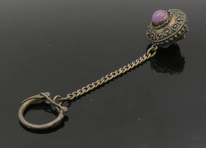 925 Sterling Silver  Vintage Lapis Lazuli & Amethyst Floral Key Chain  TR3202