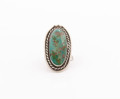 925 Sterling Silver Vintage Ring NAVAJO Oval Turquoise Halo Roped Sz 9.5 RG28610