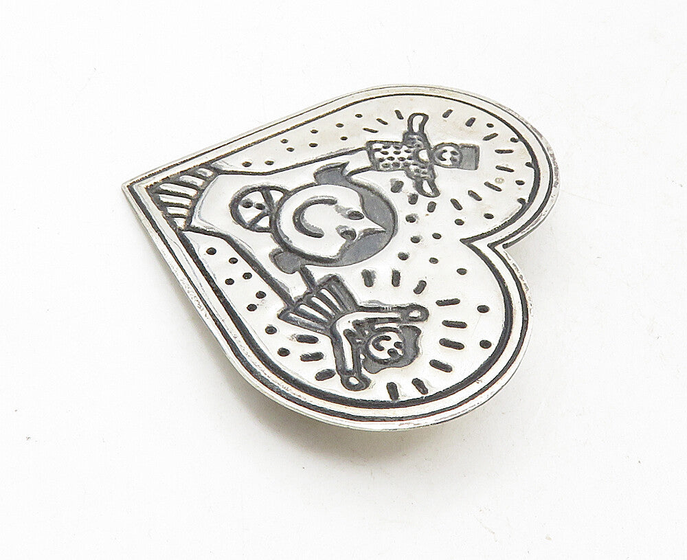 MEXICO 925 Sterling Silver  Vintage Girl Hand Puppets Heart Brooch Pin  BP3555
