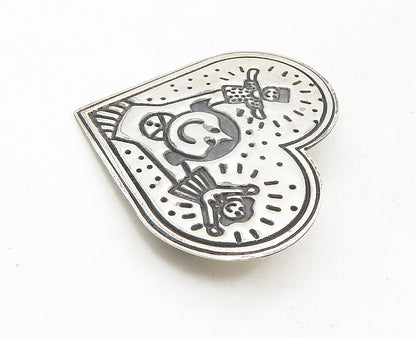 MEXICO 925 Sterling Silver  Vintage Girl Hand Puppets Heart Brooch Pin  BP3555
