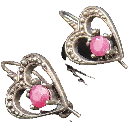 925 Silver  Vintage Antique Beaded Open Ruby Love Heart Earrings  EG11959