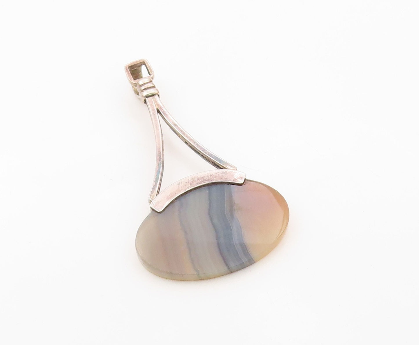 925 Sterling Silver  Vintage Open Triangle Oval Agate Pendant  PT21014