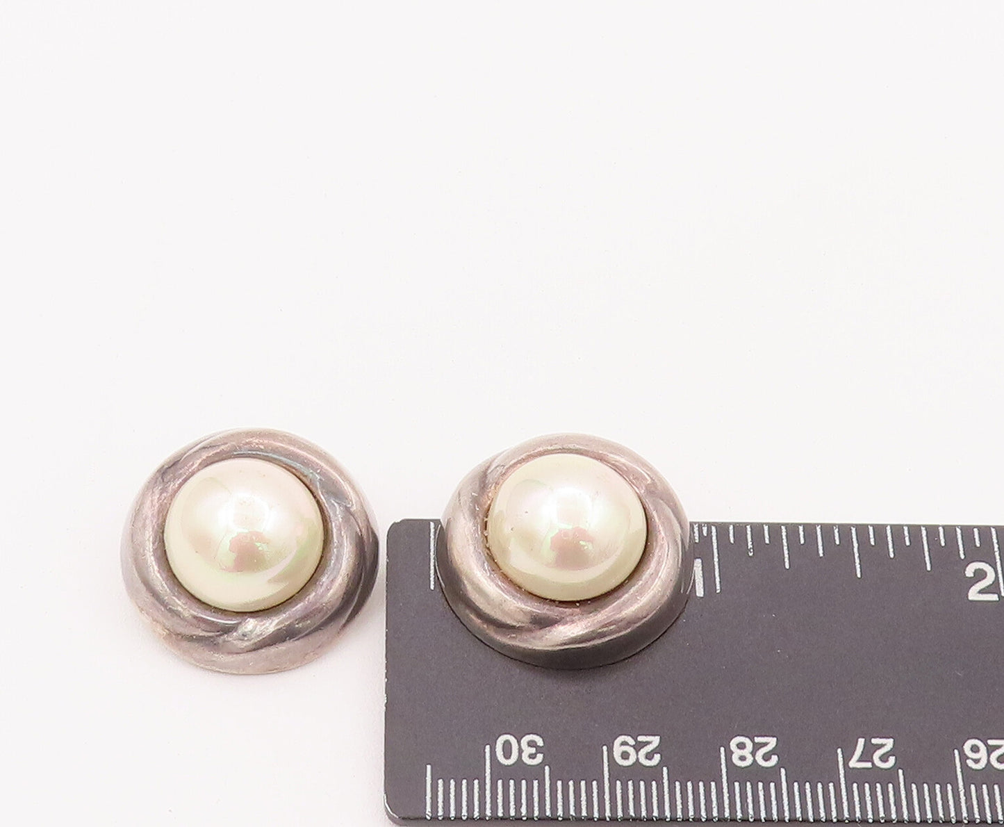 925 Sterling Silver Vintage Earrings BARRA Large Pearl Halo Carved Ring  EG12942