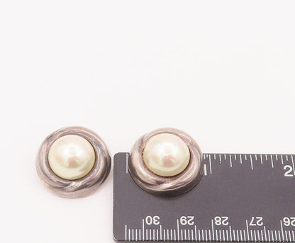 925 Sterling Silver Vintage Earrings BARRA Large Pearl Halo Carved Ring  EG12942