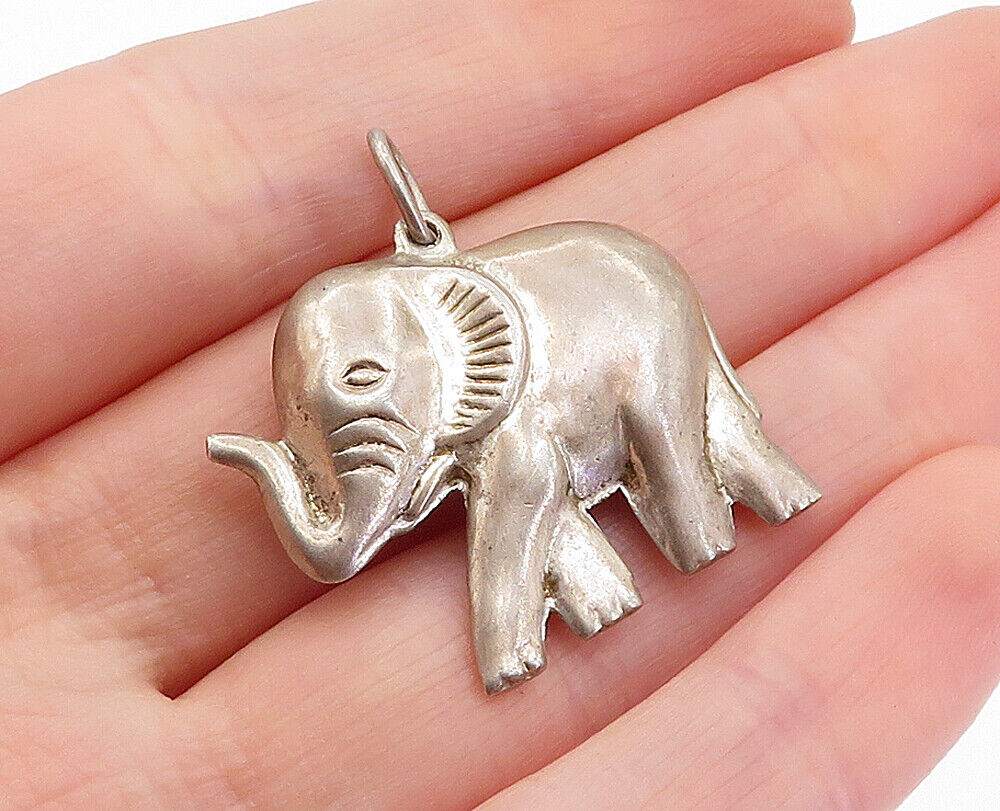 925 Sterling Silver - Vintage Hollow Dark Tone Elephant Motif Pendant - PT2512