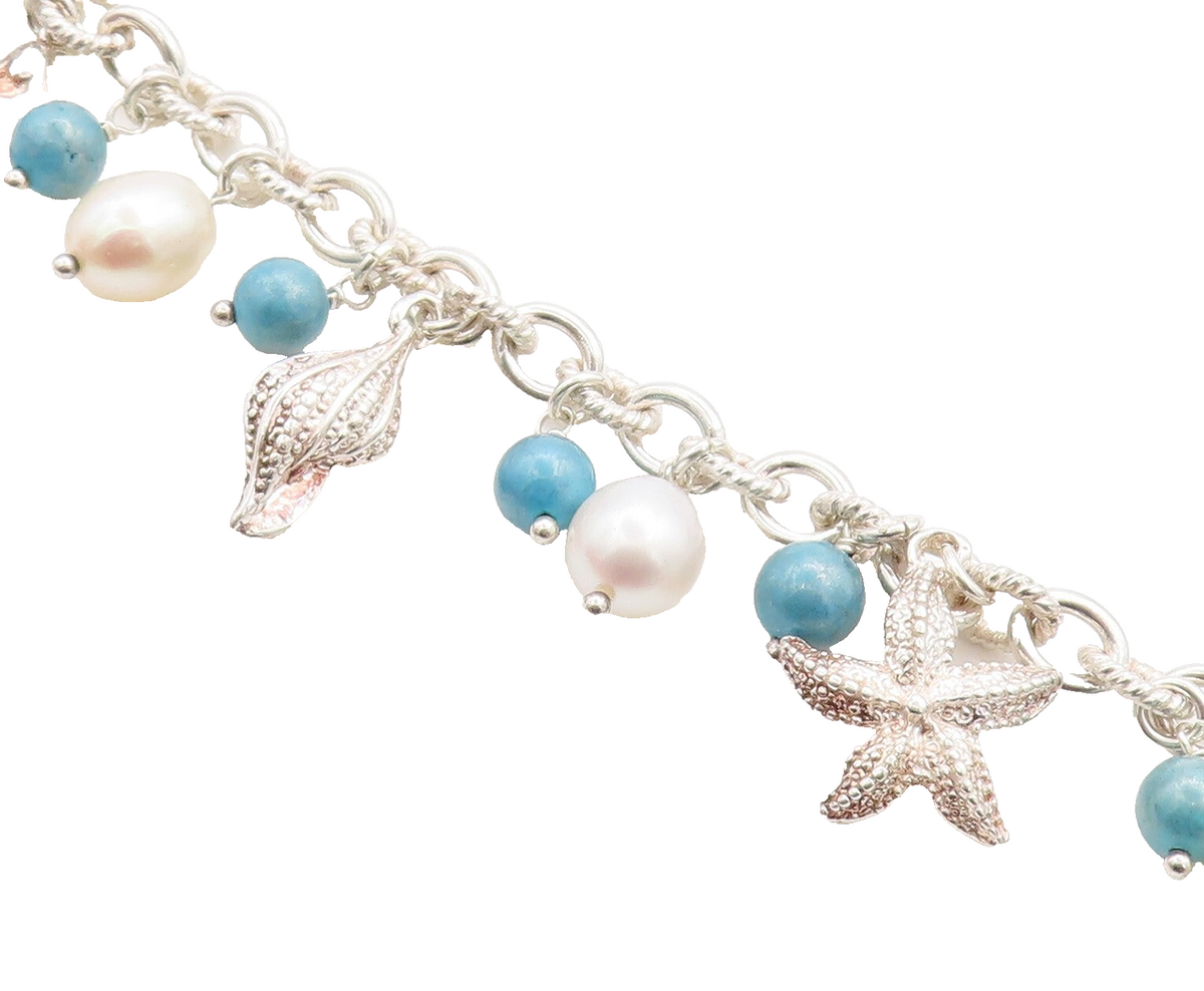 925 Sterling Silver  Pearl Beads Sea Charmed Twist Link Chain Bracelet  BT1725