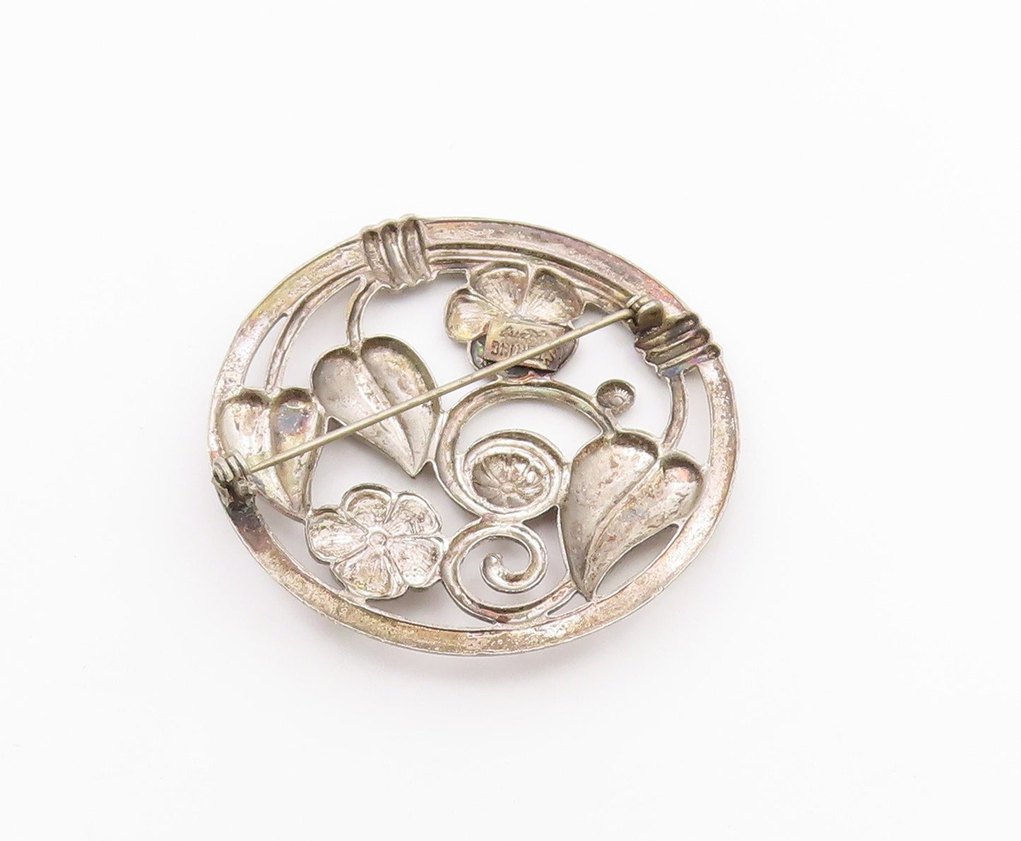 LANG 925 Silver  Vintage Dark Tone Floral Swirl Vine Round Brooch Pin  BP5505