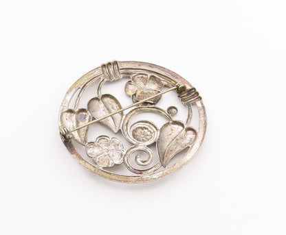 LANG 925 Silver  Vintage Dark Tone Floral Swirl Vine Round Brooch Pin  BP5505