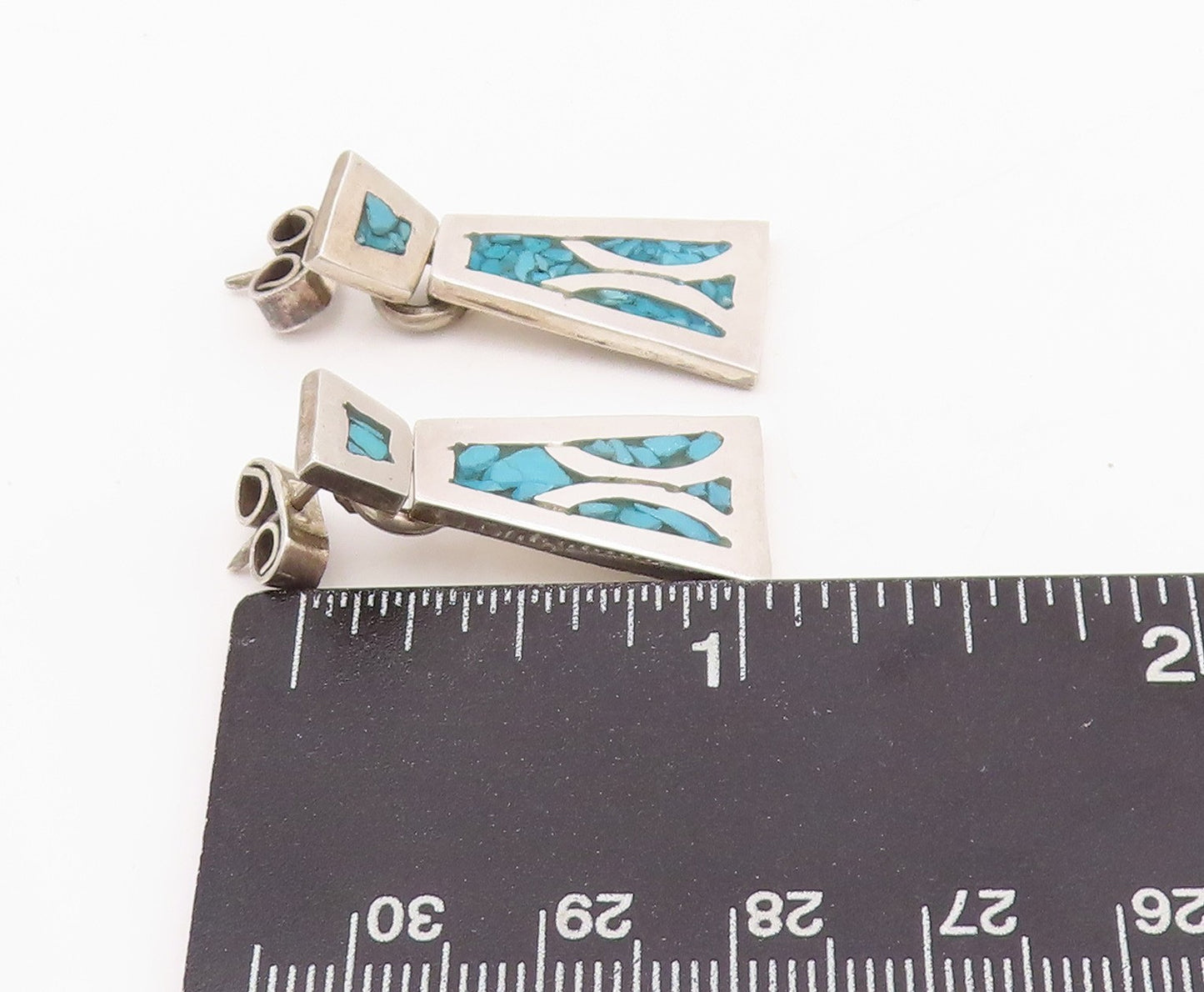 925 Sterling Silver Vintage Earrings MEXICO Crushed Turquoise Inlay  EG13618