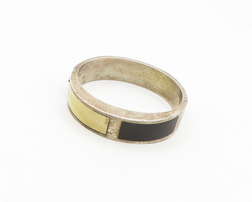 SPAIN 925 Sterling Silver  Vintage Inlaid Black Onyx Bangle Bracelet  BT7557