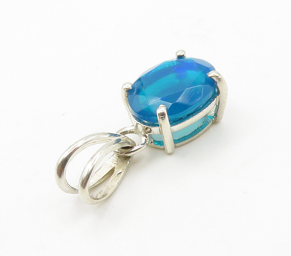 925 Sterling Silver  Shiny Prong Set Blue Topaz Oval Drop Pendant  PT11840