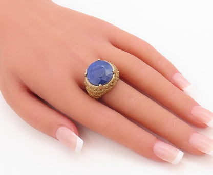 925 Sterling Silver Vintage Ring Gold Plated Carved Gemstones  Sz 7  RG30960