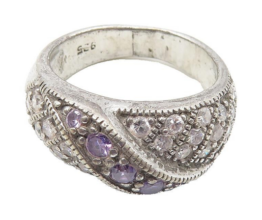 925 Sterling Silver  Vintage Purple & White Cubic Zirconia Ring Sz 6  RG10669