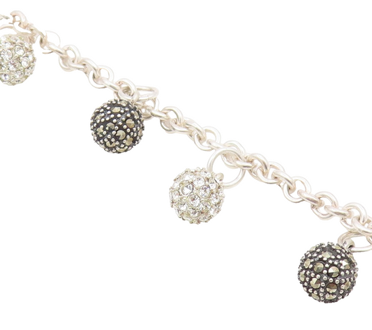925 Silver  Vintage Crystal & Marcasite Sphere Charmed Chain Bracelet  BT9191