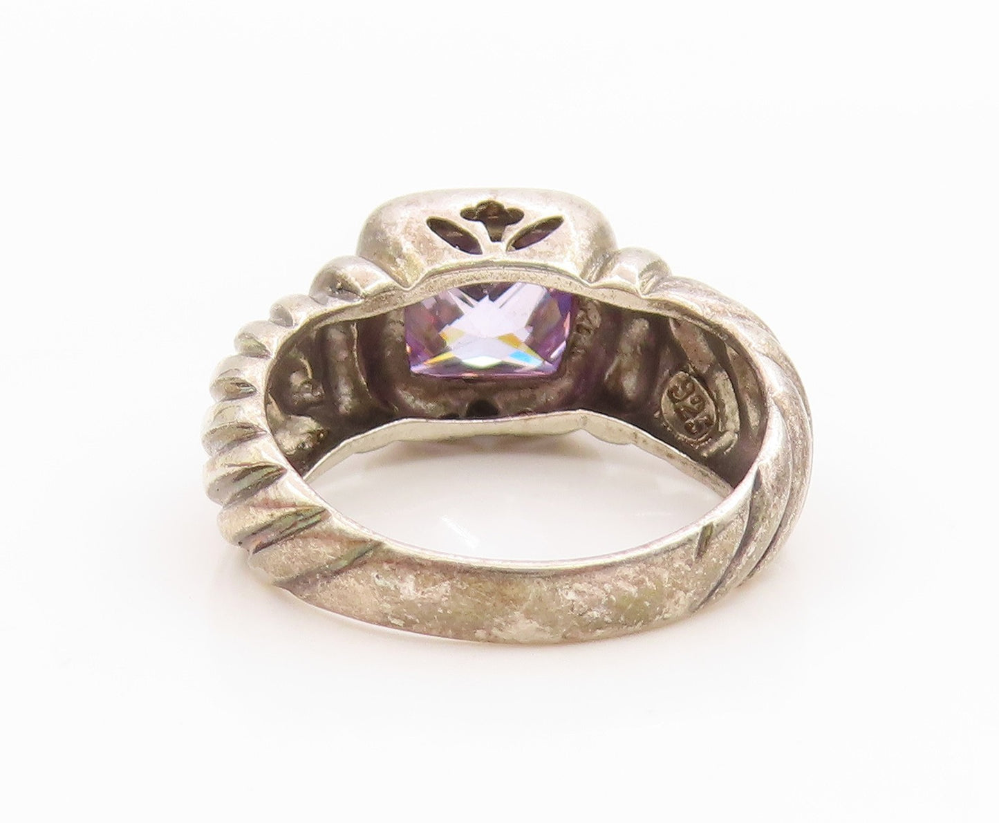 925 Sterling Silver Vintage Ring Modernist Amethyst Ribbed Band  Sz 7  RG35661