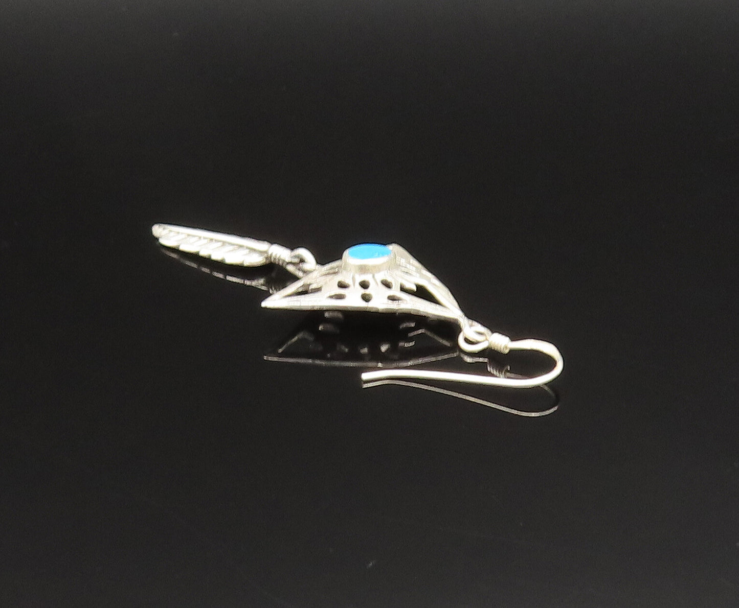 925 Silver  Vintage Open Floral Turquoise Triangle & Feather Earrings  EG11931