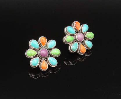 925 Silver  Vintage Turquoise Charoite & Spiny Flower Stud Earrings  EG12214