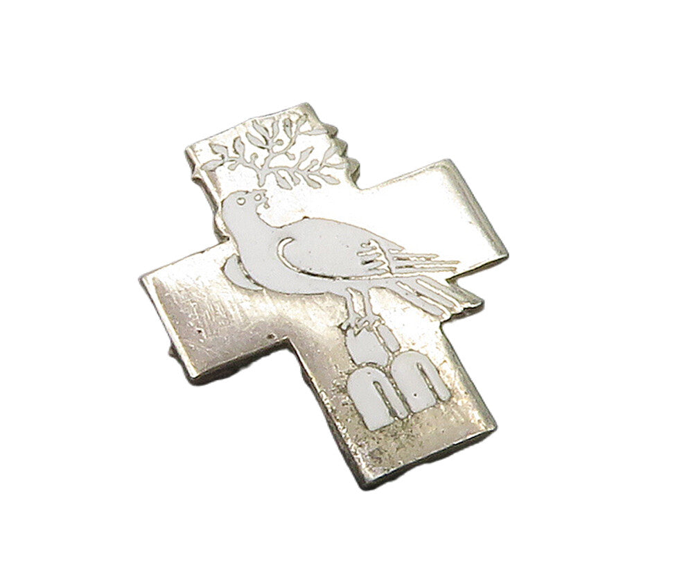 925 Sterling Silver  Vintage Enamel Dove Religious Cross Brooch Pin  BP6476