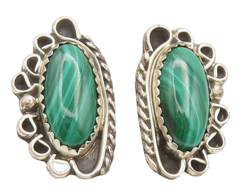 925 Silver Vintage Southwestern Carved Design Oval Malachite Earrings EG12578