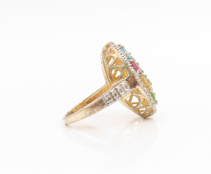 925 Sterling Silver Vintage Ring Gold Plated Multi Gemstone Cluster Sz 6 RG34596