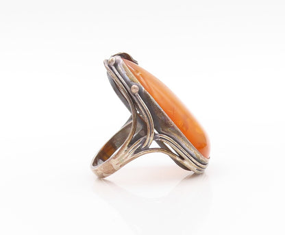 925 Sterling Silver Vintage Ring POLAND Floral Carved Honey Amber  Sz 8  RG32664