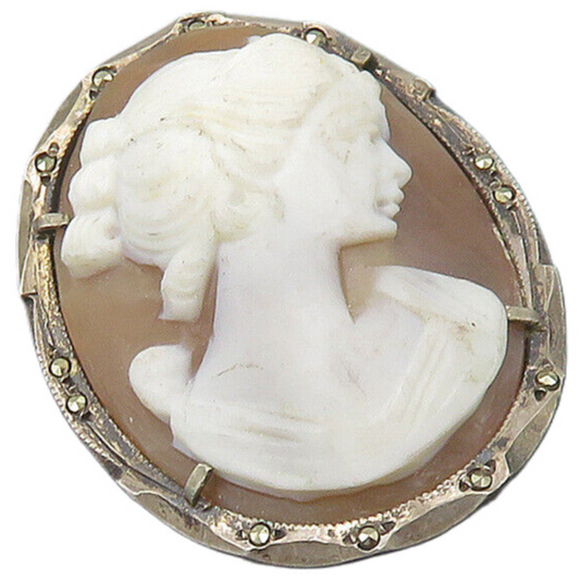 925 Sterling Silver  Vintage Antique Marcasite Border Cameo Brooch Pin  BP8760