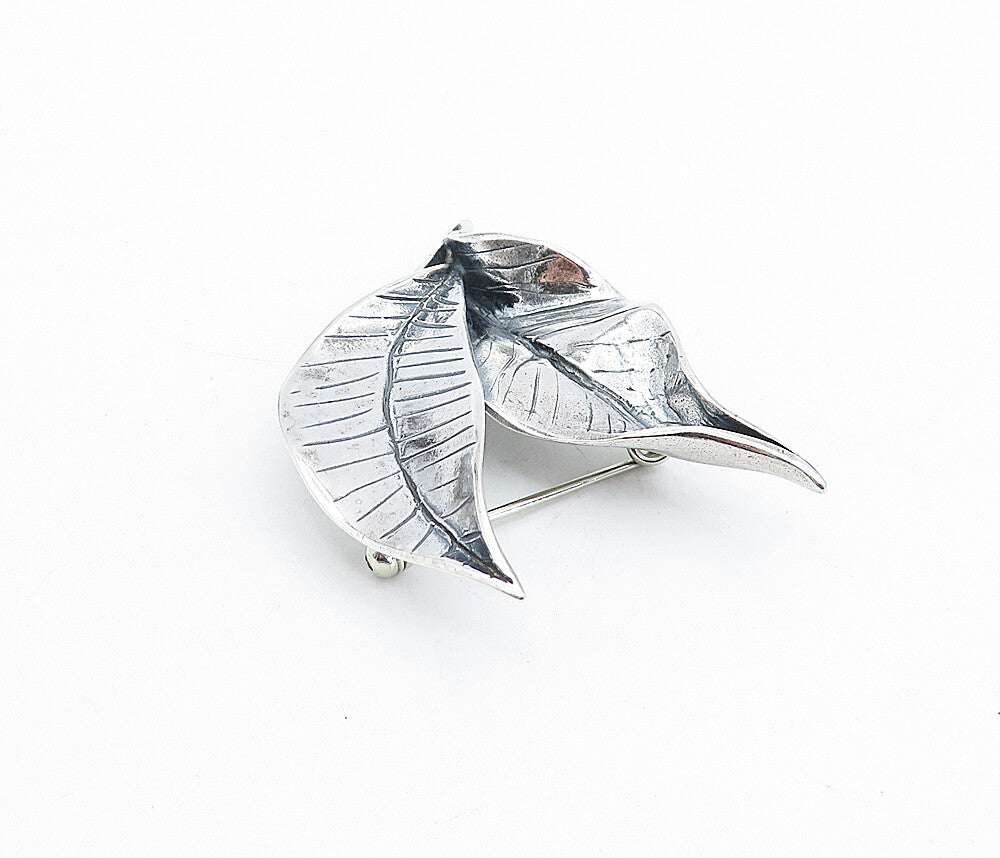 925 Sterling Silver  Vintage Shiny Etched Floral Leaves Brooch Pin  BP1623